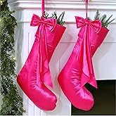 Seematn 2 Pcs 18" Large Deluxe Satin Hot Pink Christmas Stocking with Ribbon Bow Xmas Silk Hanging Stockings for Christmas Tree Fireplace Family Holiday Decor
