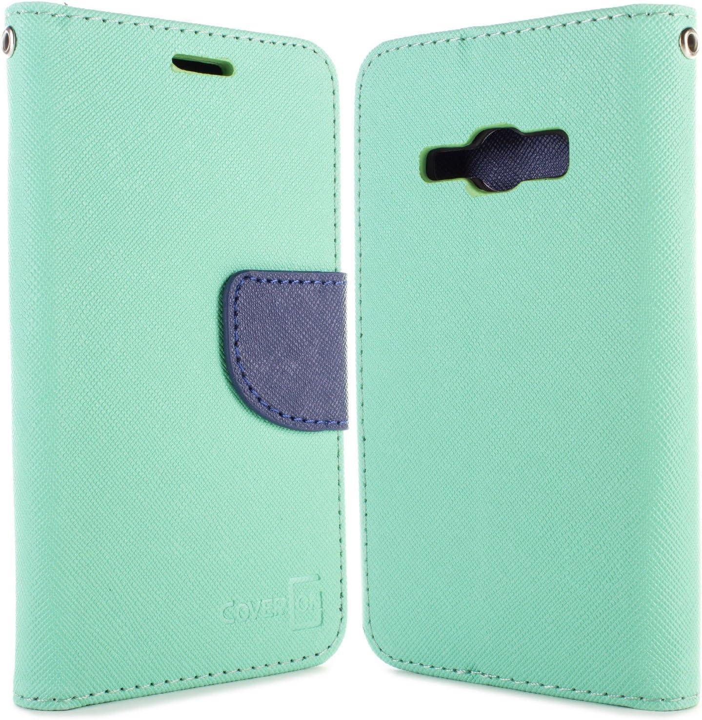 Samsung Galaxy J1 Ace Case, CoverON [Carryall Series] Flip Folio Card Slot Pouch Cover + Strap + Stand Wallet Case for Samsung Galaxy J1 Ace - Teal & Navy Blue