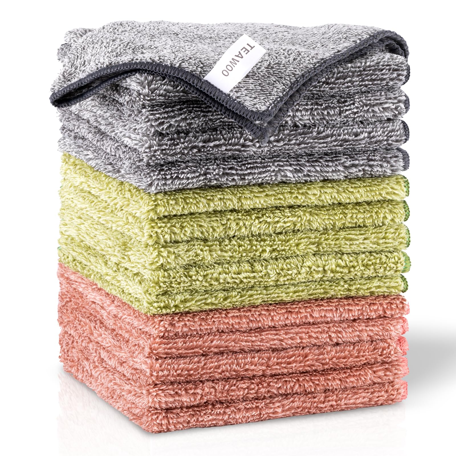 TEAWOO 15 Pack Premium Microfiber Washcloths, Highly Absorbent and Super Soft Face Towels, Multi-Purpose Fingertip Towels, 12 x 12 inch Bathroom Towels (Charcoal/Coral Pink/Jade Green)