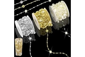 FULZTEY 98 Feet Christmas Pearls String Garland Gold Ivory Silver Artificial Beaded Chain for DIY Crafts,3+8mm Bead Garland Ribbon Faux Pearl Strands for Clothes Wedding Party Decoration,3 Rolls