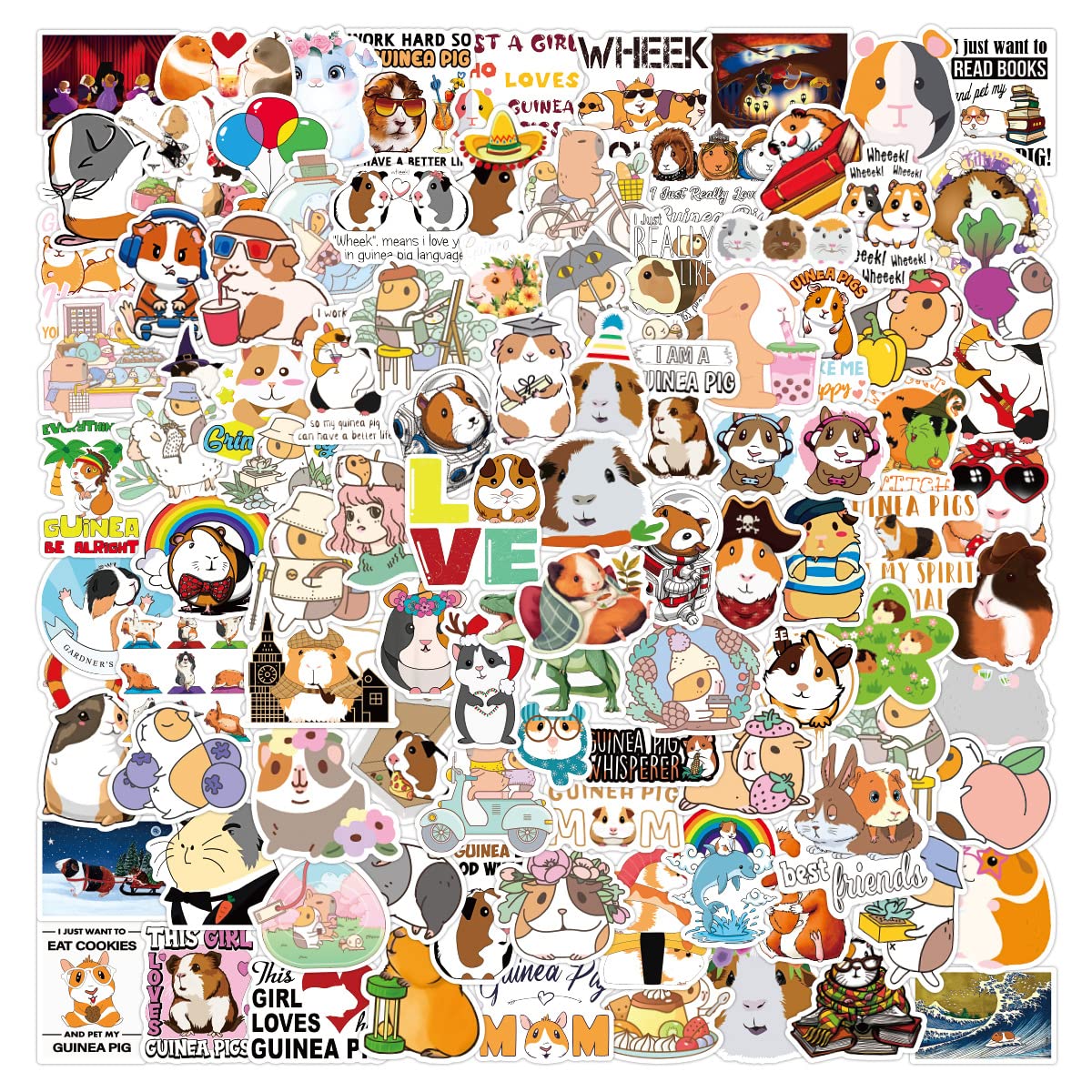 100 Pack Cute Lovely Guinea Pig Stickers,Vinyl Sticker Gift for Kids Teens Children Adults, Waterproof Lazy Stickers for Laptop Water Bottle Computer Car Bicycle Helmet Skateboard Journal