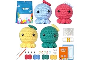 ARWYSCII Crochet Kit for Beginners , DIY Craft for Adults and Kids, 4 Pcs Knitting Octopus(Blue/Red/Green/Yellow), Great Gift for Crochet Lovers, Crochet Animal Kit with Step by Step Video ,Birthday Gift