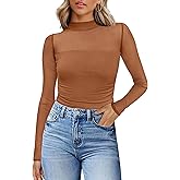 Womens Sexy Mesh Long Sleeve Shirts Fashion Clothing Turtle Necks Sheer Ruched Going Out Tops Fall Outfits Slim Fit Blouses