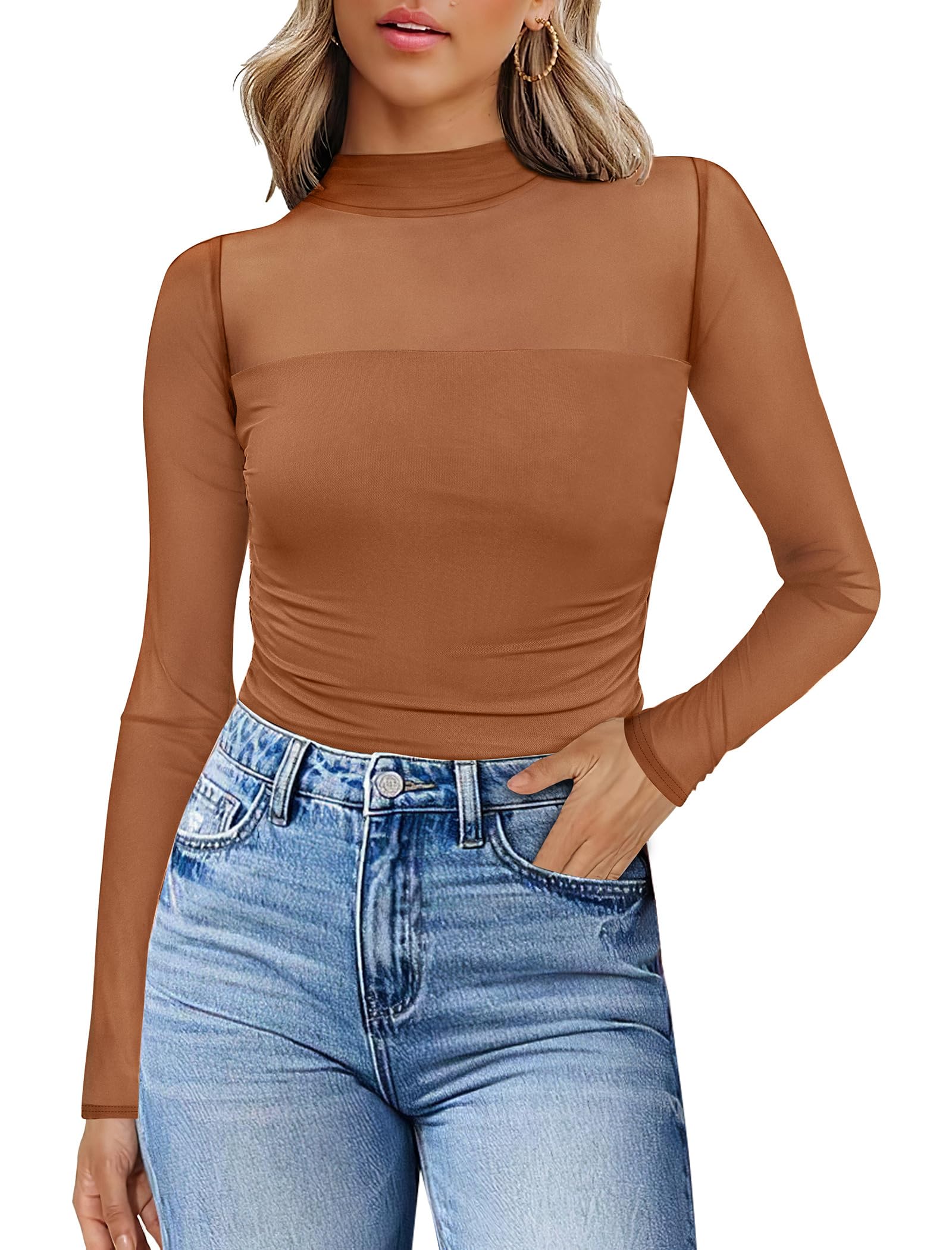 Photo 1 of *Minor Damage*
WIHOLL Fall Outfits for Women 2025 Trendy Cute Mesh Ruched Going Out Turtle Neck Tops Long Sleeve Shirts Brown XL