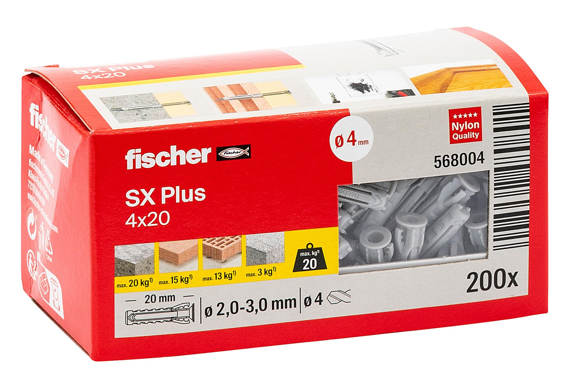 fischer 568004 SX Plus Expansion Wall Plug, 4mm x 20mm, Pack of 200 — image 1