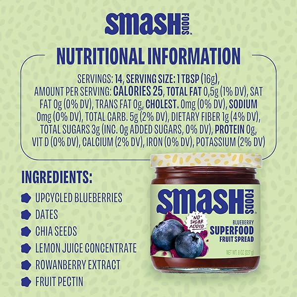 CHIA SMASH BLUEBERRY JAM | LOW-CALORIE, NO SUGAR ADDED KETO JAM WITH UPCYCLED FRUIT & CHIA SEEDS | VEGAN, PALEO SUPERFOOD FRUIT SPREAD (1 JAR)