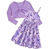 Kimoda Girl's 2 Piece Outfit Printed Cami Dress with Long Sleeve Bow Crop Cardigan Set for 5-12 Years