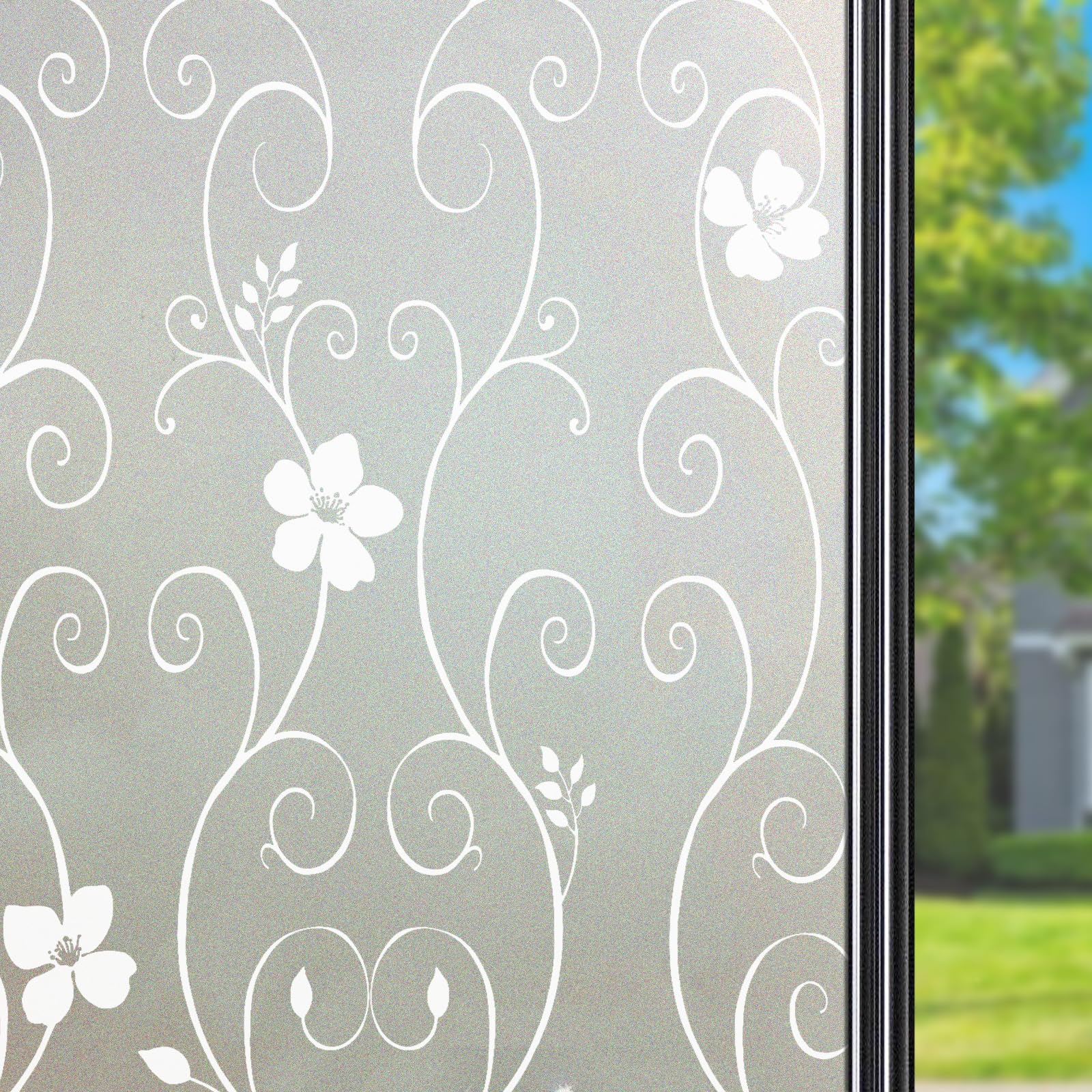 Qualsen Window Film Privacy Frosted Window Films Flower Pattern Decorative Privacy Film for Glass Windows Non Adhesive Anti UV Static Cling, for Home Kitchen Bedroom (30 x 200 cm, White)