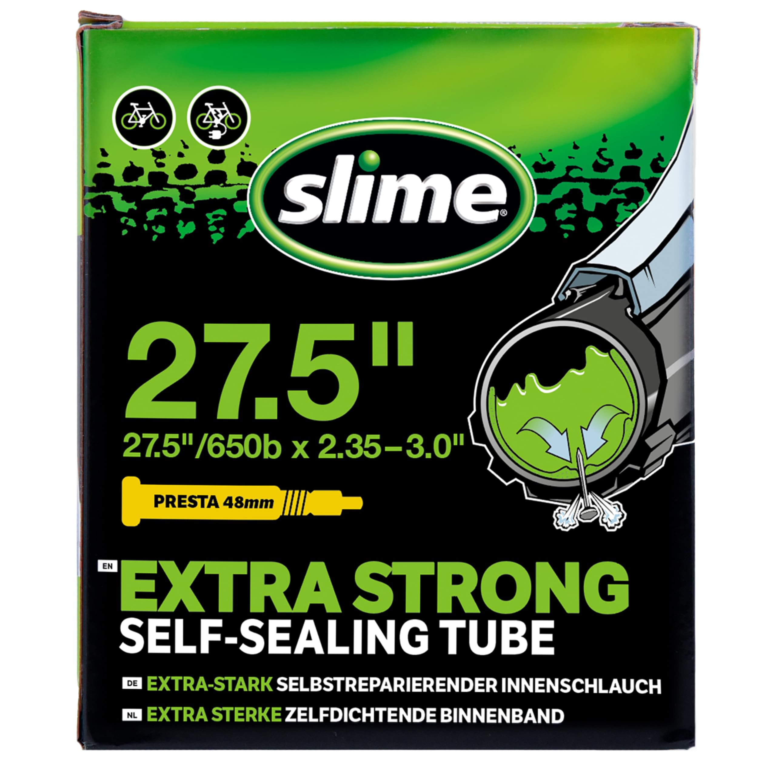 Slime 30099 Bike Inner Tube with Slime Puncture Sealant, Self Sealing, Prevent and Repair, Presta Valve, 27.5" x 2.35-3.0"