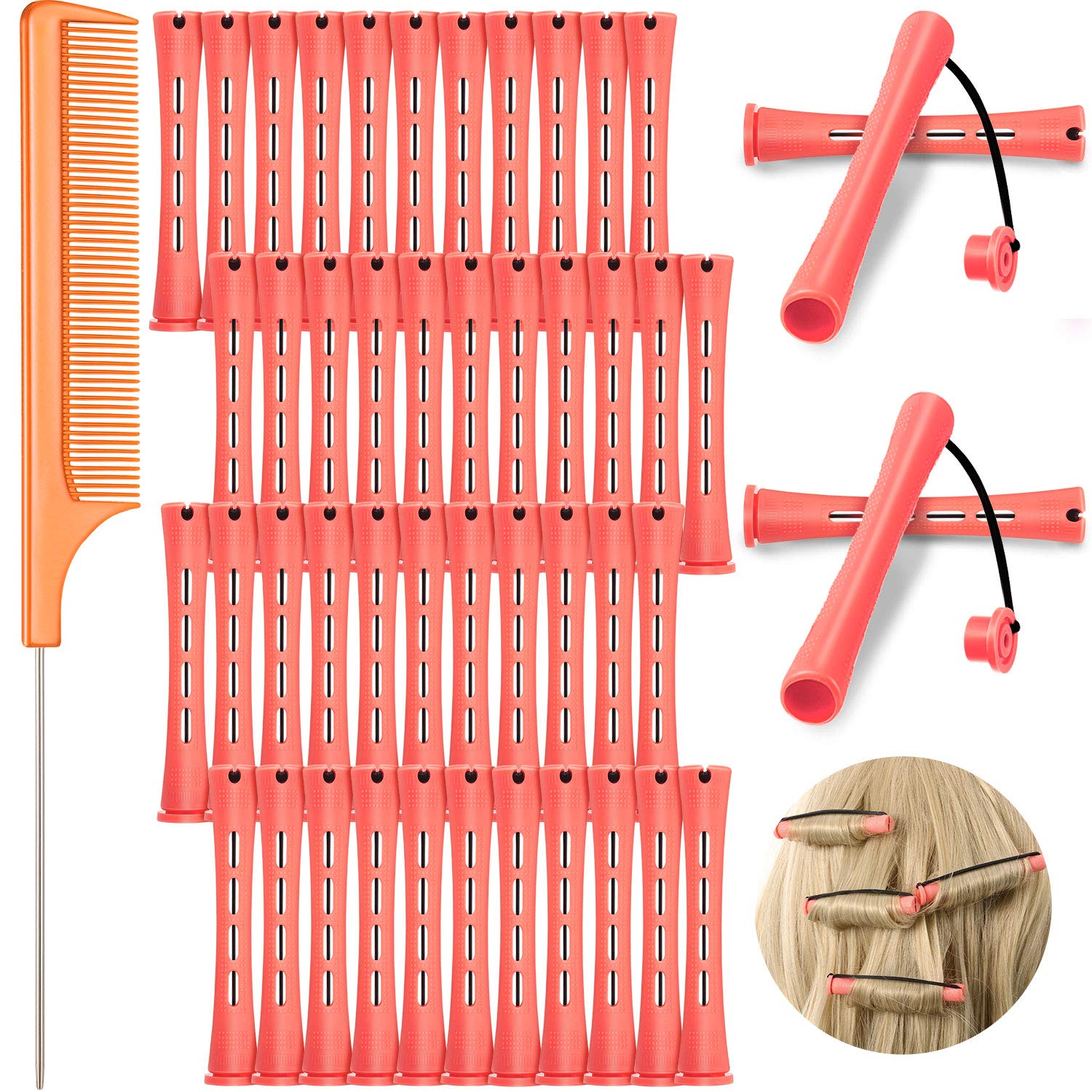 48 Piece Hair Perm Rods Plastic Perming Rods Curlers Hair Rollers with Steel Pintail Comb Rat Tail Comb for Hairdressing Styling Tools (Pink, 0.51 Inch/ 1.3 cm)