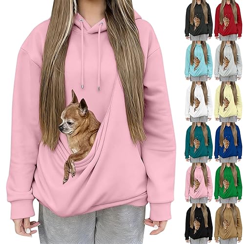 Hoodies for Women UK Pet Pouch Hooded Sweatshirts Long Sleeve Big Kangaroo Pocket Pullover Cat Puppy Holder Hoodie Casual Plain Sweatshirt