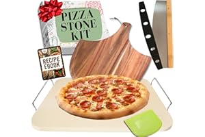 RITUAL LIFE Pizza Stone for Oven and Grill Set - 5PCS Pizza Making Accessories Kit - 15 inch Pizza Stone with Handles, Pizza Peel, Pizza Cutter, Dough Tool - Baking Stone for Bread - Large Rectangular Oven Stones