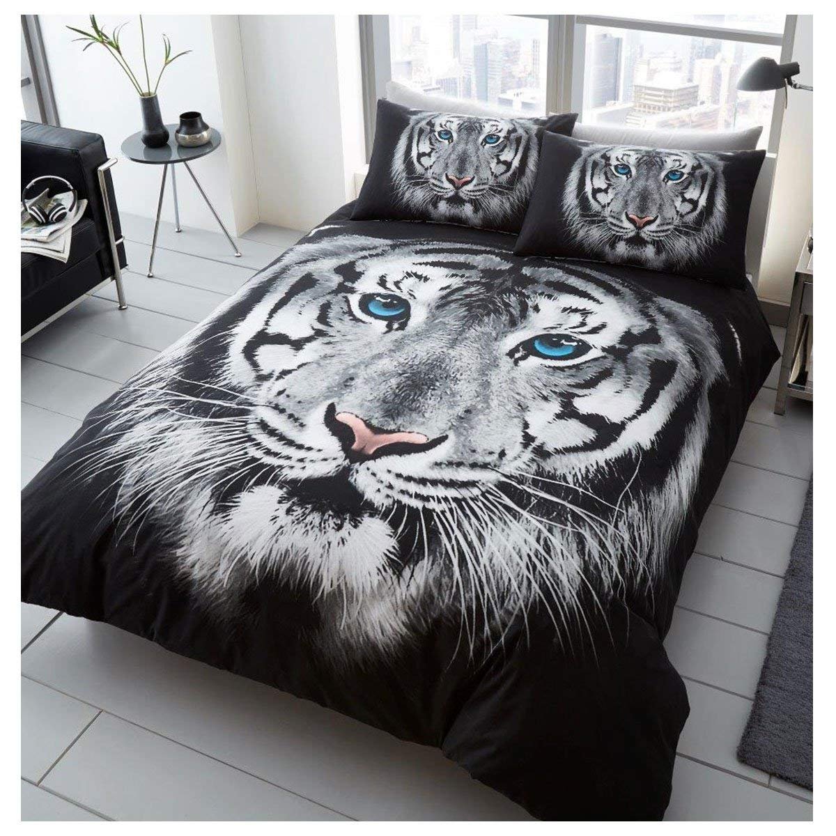GC GAVENO CAVAILIA 3D Wildlife Premium Duvet Cover Animal Printed Quilt Set & Luxury 100% Polyester Bedding, Double, Tiger Face-White