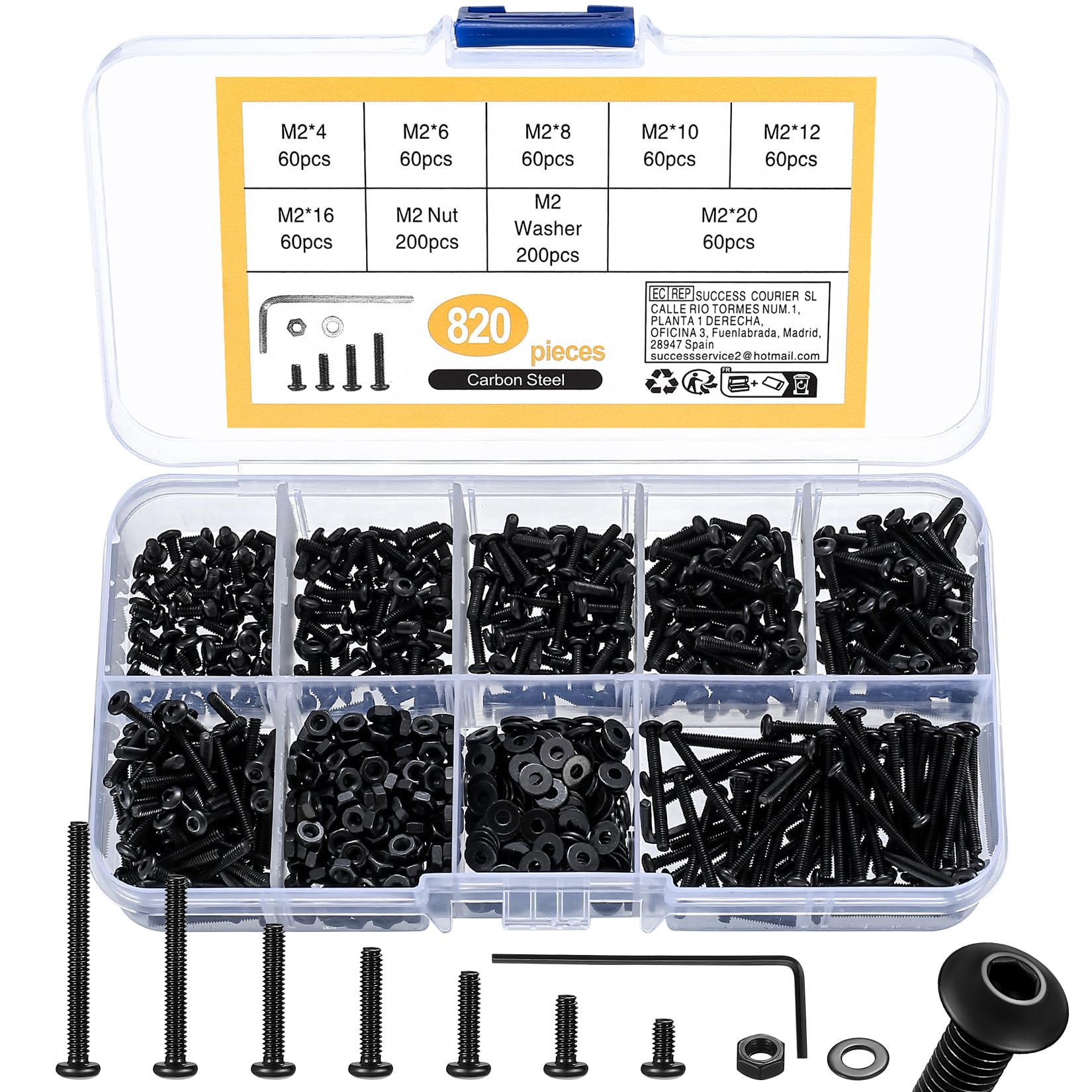 Nuts and Bolts Assortment - 820 Pcs M2 Button Head Hex Socket Cap Screws, Washers Set, Black Pan Head Internal Hex Machine Screws and Nuts