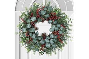 TISEMENT Spring Wreaths for Front Door,Boxwood Wreaths for Indoor and Outdoor Wedding Decorations,Spring Wreath with Pine Cones and Leaves,Berries,Eucalyptus Leaves for Home Decor
