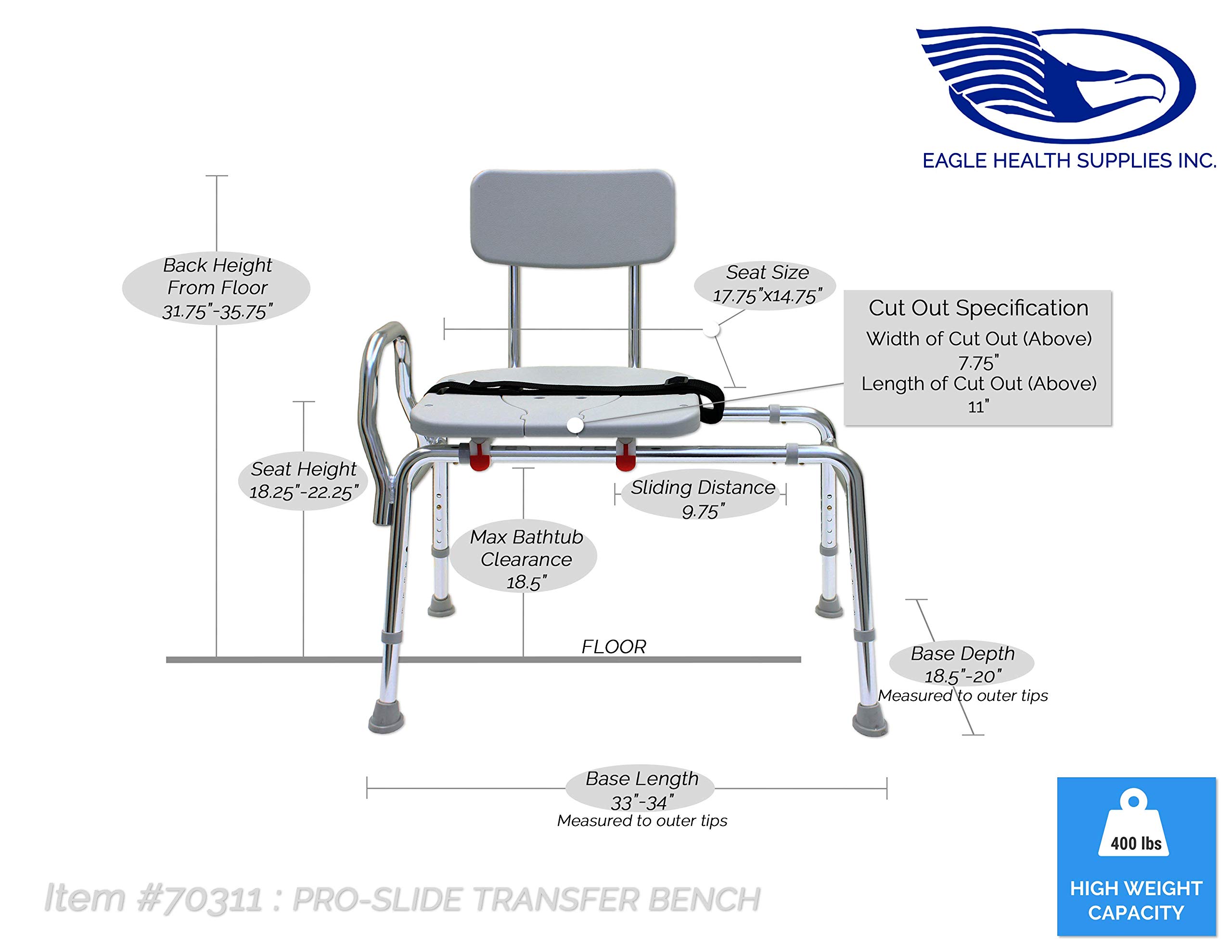 Pro-Slide Bathtub Transfer Bench and Sliding Shower Chair with Cut Out for Additional Cleaning (70311). Multiple Safety Features, Tool-Less Assembly, Height Adjustable and High Weight Capacity.