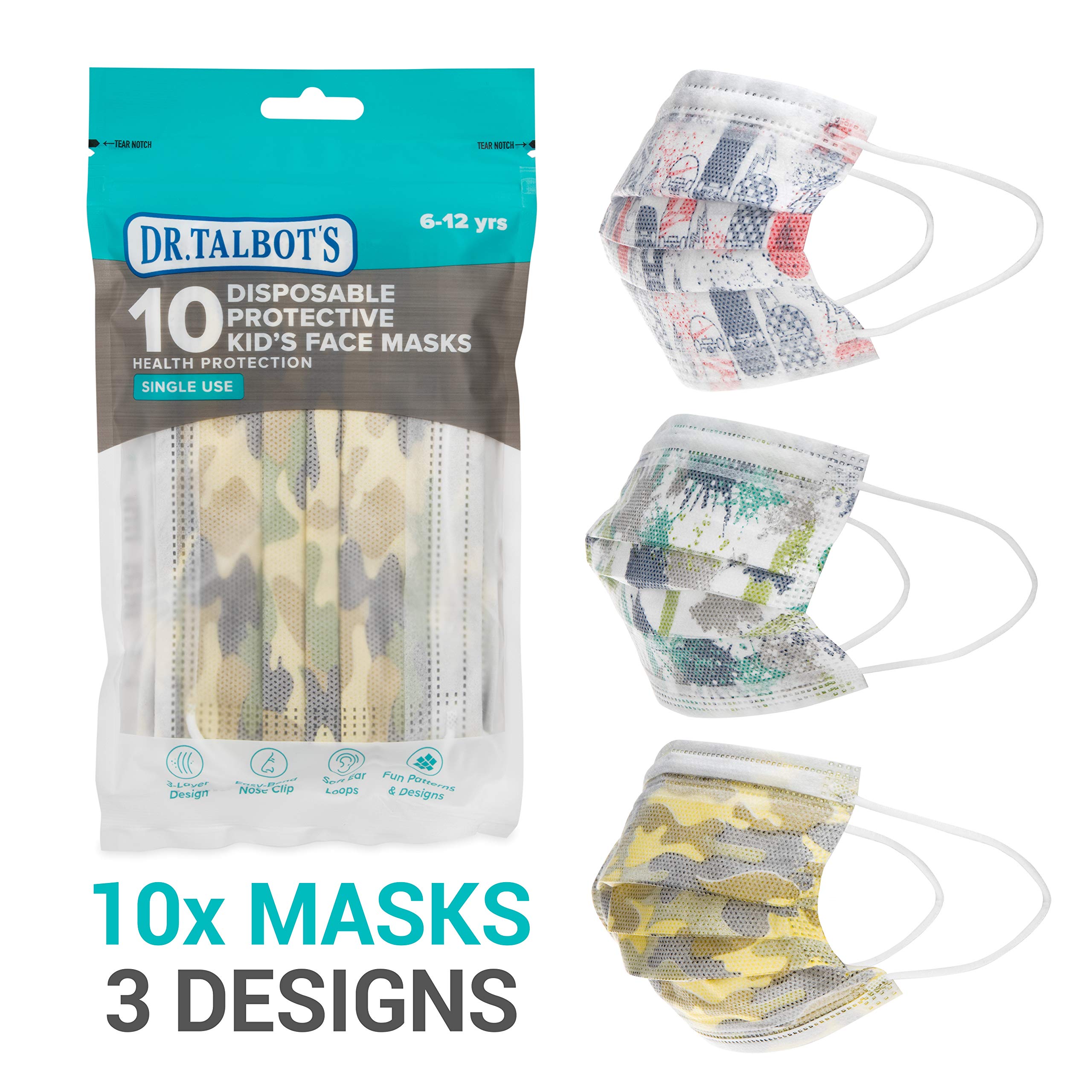 Dr. Talbot's Disposable Protective Face Masks for Boys 2-5 Years - 10-Count - Disposable 3-Layer Single Use Face Masks with Easy-Bend Nose Clip and Soft Ear Loops