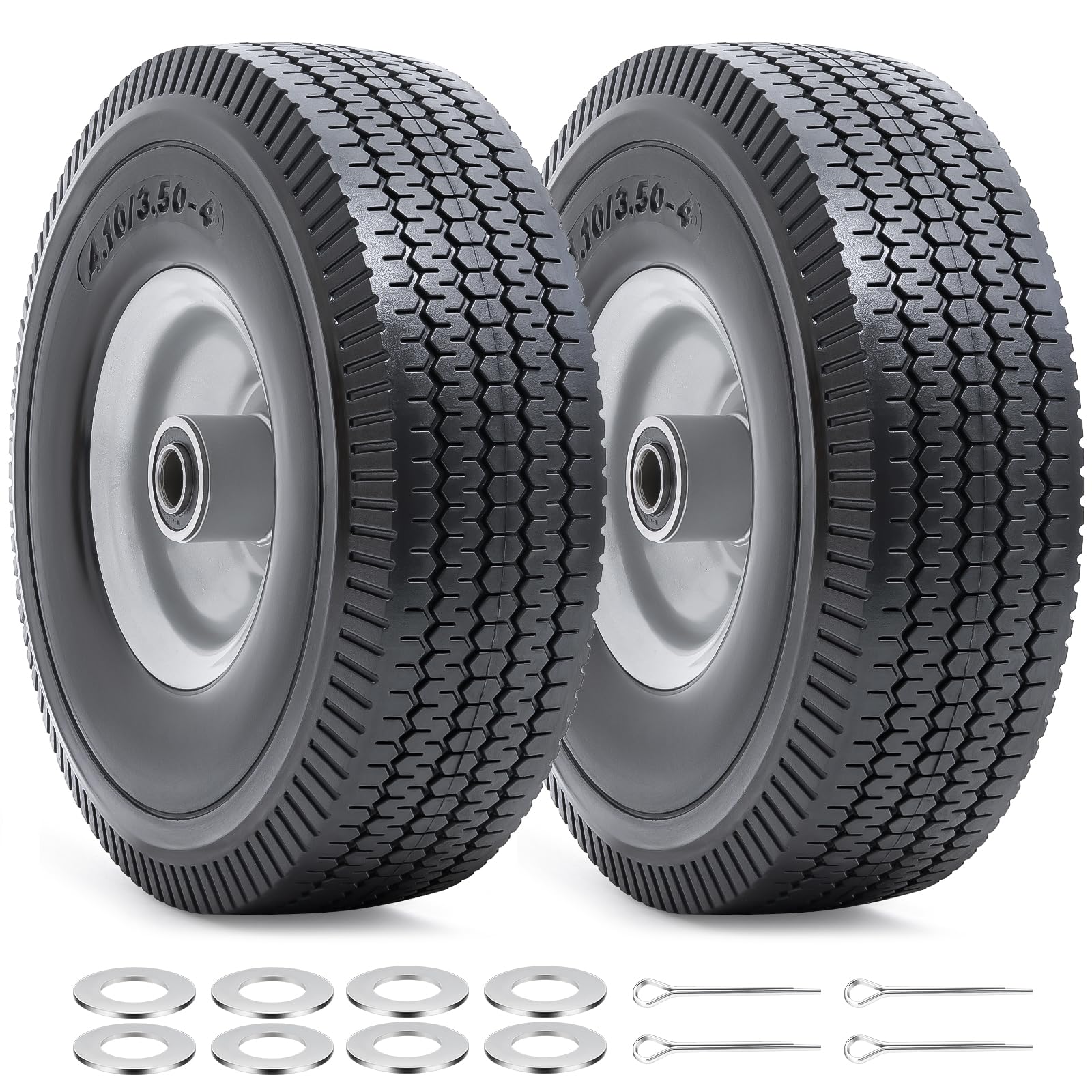 Photo 1 of 10” Flat Free Tires, 4.10/3.50-4” Solid Tires and Wheels with 5/8” Axle Bore Hole and Double Sealed Bearings Compatible with Hand Truck Wheelbarrow Tire Lawn Mower Tire (Silver, 2PCS) P-091