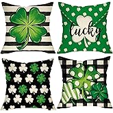 Fjfz St. Patrick's Day Lucky Clover Decorative Throw Pillow Covers 18x18 Set of 4, Shamrock Black White Buffalo Plaid Check Outdoor Home Decor, Spring Farmhouse Irish Holiday Couch Cushion Case