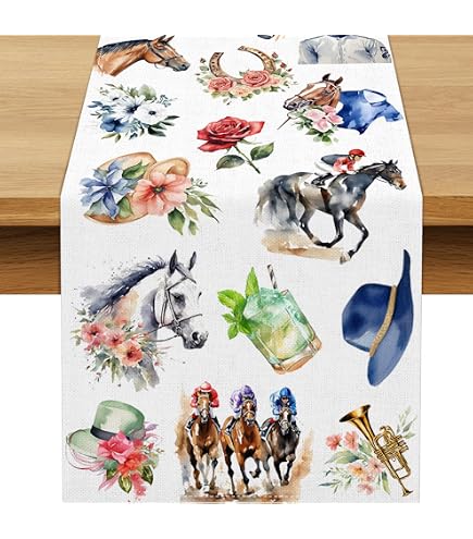 Kentucky Horse Racing Table Runner - Derby Jockey Design, Burlap Style, 13x36 Inches, Indoor/Outdoor