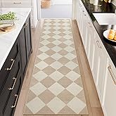 Beeiva Checkered Print Long Hallway Runner Rug Non Slip, Beige Ultra Thin 2.5x10 Washable Runner Rug, Moroccan Trellis Home Decor Faux Wool Neutral Carpet for Bathroom Kitchen Hallways, 10ft