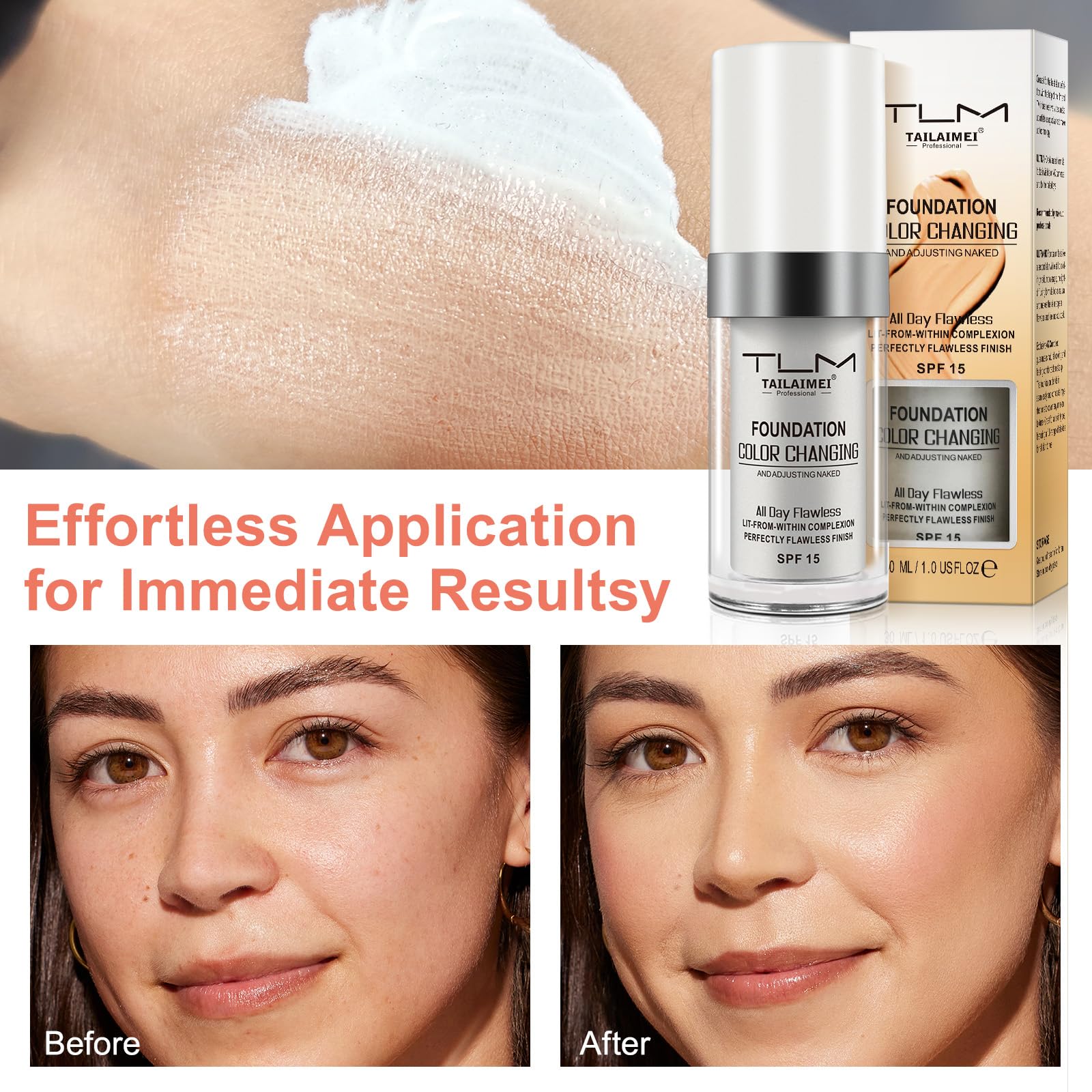 2PCS Flawless Colour Changing Warm Skin Tone Foundation, Naturally Blends Moisturizing foundation makeup, Long Lasting Waterproof Lightweight Liquid Foundation SPF 15 for Face Makeup