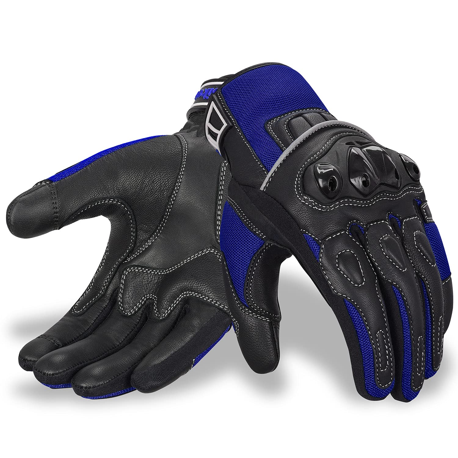 Oro Biker Motorbike Motorcycle Gloves, Premium Leather and Summer Mesh Hard Knuckle Touch Screen Motorbike Gloves Racing ATV Riding Gloves for Men (X-Large, Black/Blue)