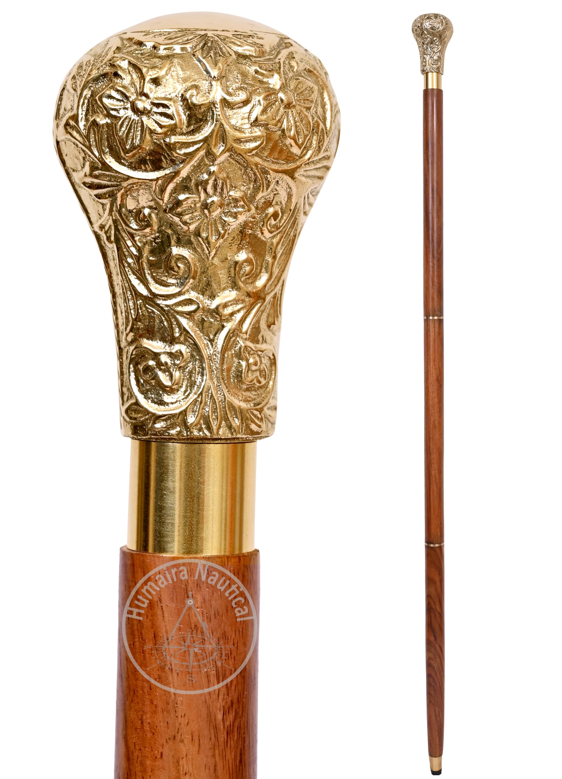 Samara Nautical 37.4'' Canes and Walking Sticks in Natural Wood with a Brass Handle - Elegant Walking Cane