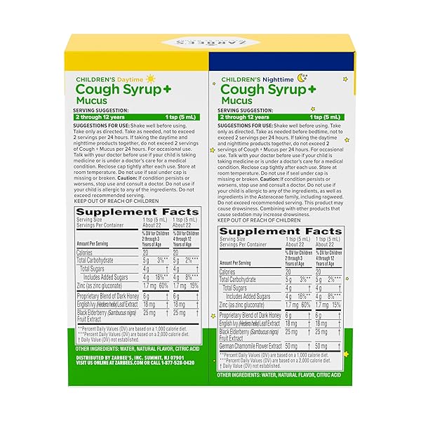 ZARBEE’S CHILDREN’S HONEY COUGH SYRUP + MUCUS DAY & NIGHT VALUE PACK, DAYTIME & NIGHTTIME TODDLER COUGH SYRUP, DARK HONEY, IVY LEAF EXTRACT, CHAMOMILE, MIXED BERRY FLAVOR, 2X 4 FL OZ