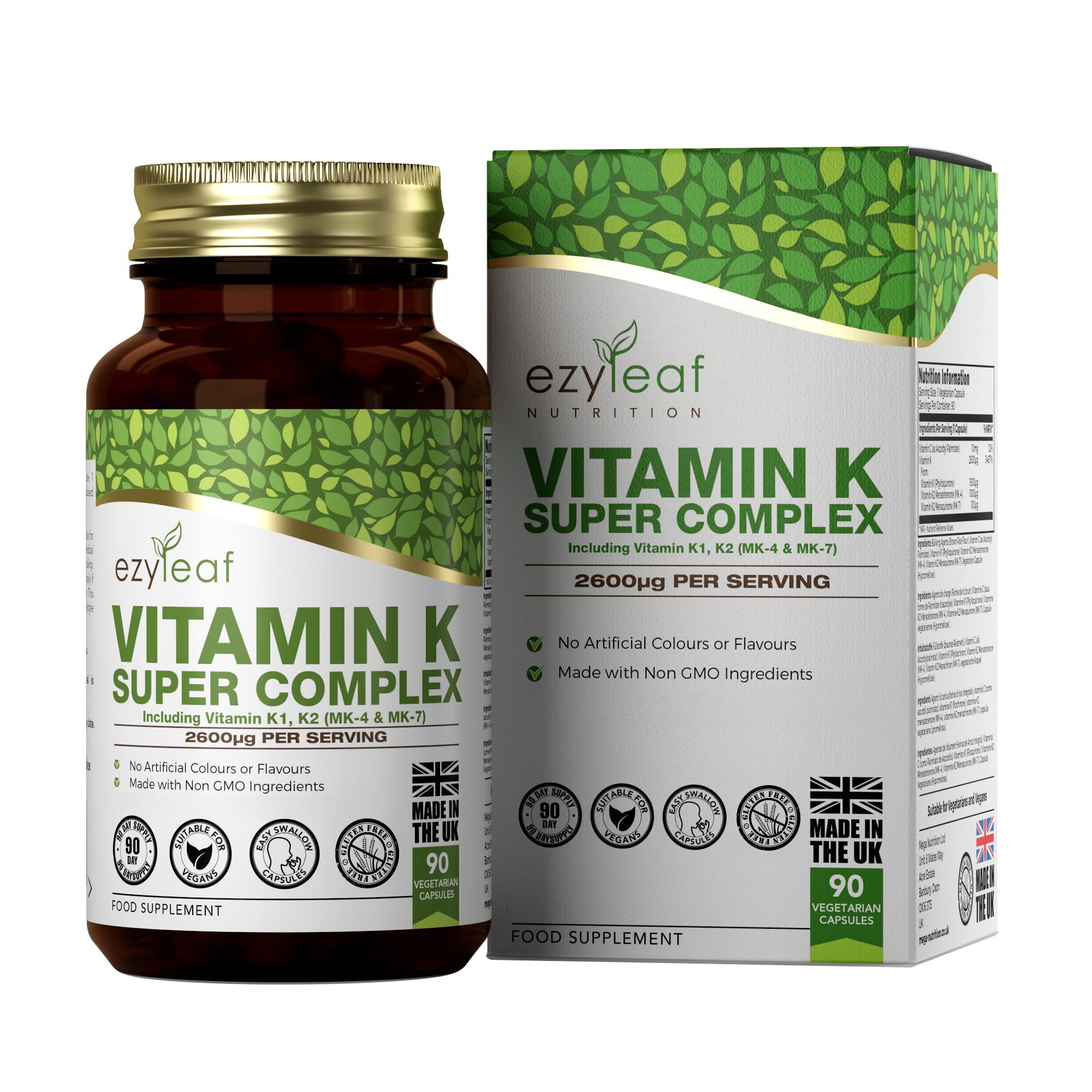 Ezyleaf Vitamin K Super Complex | Vitamin K2 MK7 - Vitsmin-K2 MK4 - VIT K1 | 2600µg per Capsule | 90 K2 MK-7 Vegan Capsules | Non-GMO, Allergen Free Formula with Vitamin-C | Made in the UK