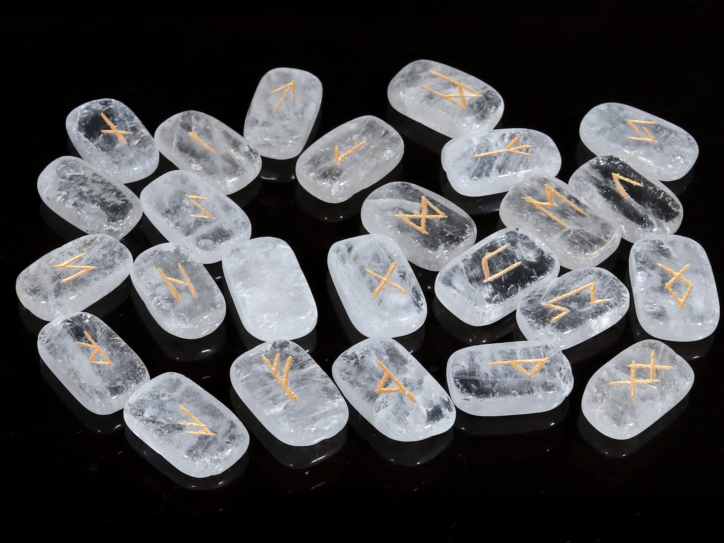 Crocon® Clear quartz rectangle shape gemstone runes with Elder Futhark Alphabet Engraved 25 pcs rune set |Crystal Divination metaphysical Healing Chakra Reiki runes set| with a pouch| Size : 20-25mm
