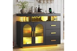 HNEBC LED Sideboard Buffet Cabinet with Charging Station, Kitchen Storage with Auto RGB Lighted, Coffee Bar Storage Cabinet with Adjustable Shelf for Living Room, Dining Room (Black)