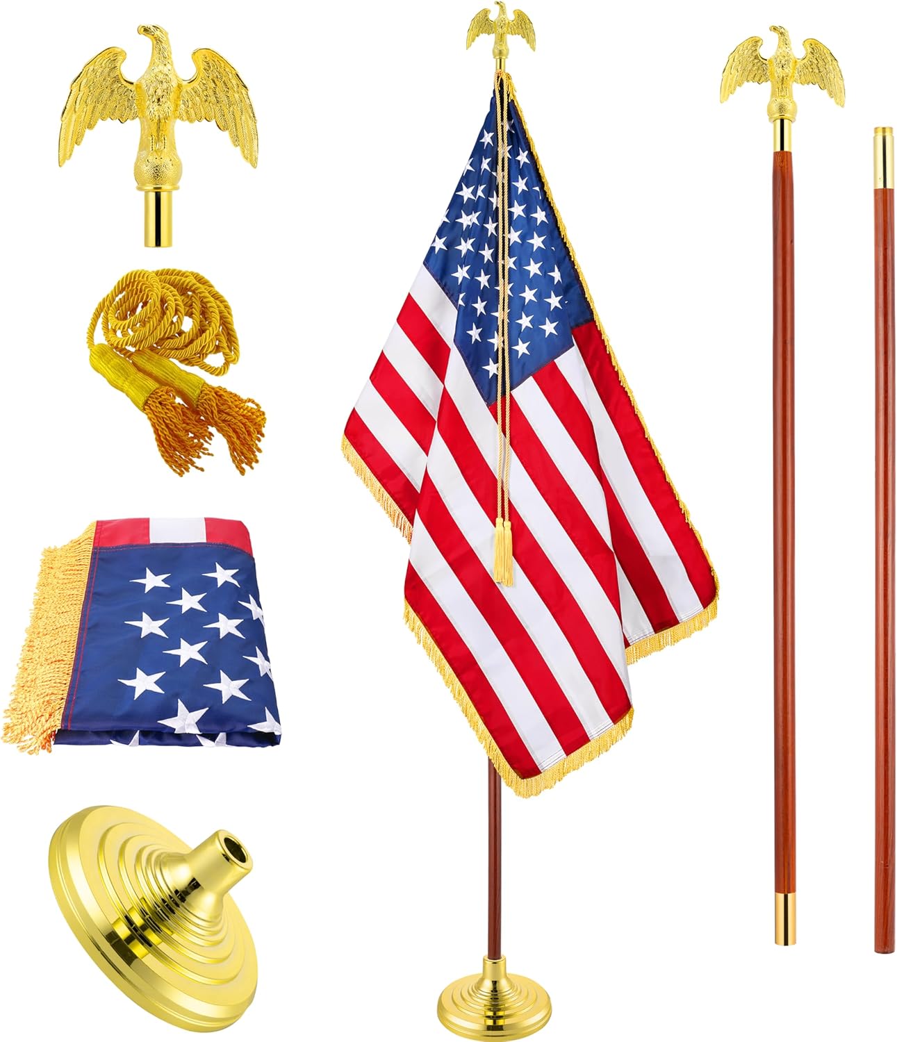 Flagpole Hardware - POZOY 8 ft Indoor American Flag Pole Kit, Deluxe Presidential Office Flagpole Set, Premium Oak Pole, Eagle Topper, Embroidered US Flag, Gold Tassel, Prefect for Schools, Churches, Meeting, Party