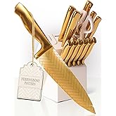 Styled Settings Gold Knife Set with Block and Sharpener – 14PC Golden Titanium-Coated Blades with Bold Herringbone Pattern, Knife Block with Built-in Sharpener, Durable, Luxury Kitchen Knives Set
