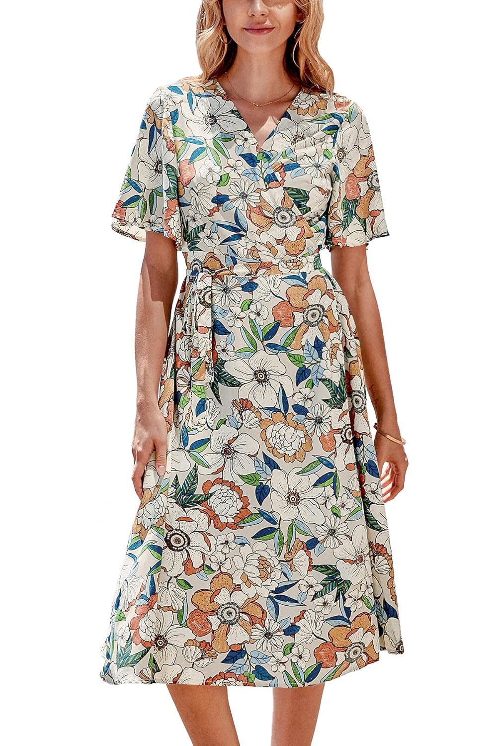 Buy CUPSHE Women's Floral Print Short Sleeve Wrap V Neck Dress, M at