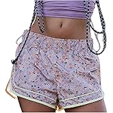 Tenopuli Women Running Shorts Floral Print Athletic Shorts Casual High Waisted Flower Printed Drawstring Wide Leg Shorts