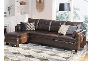 HONBAY Brown Leather Sectional Sofa with Storage, Easy Assembly, 660 lbs Capacity