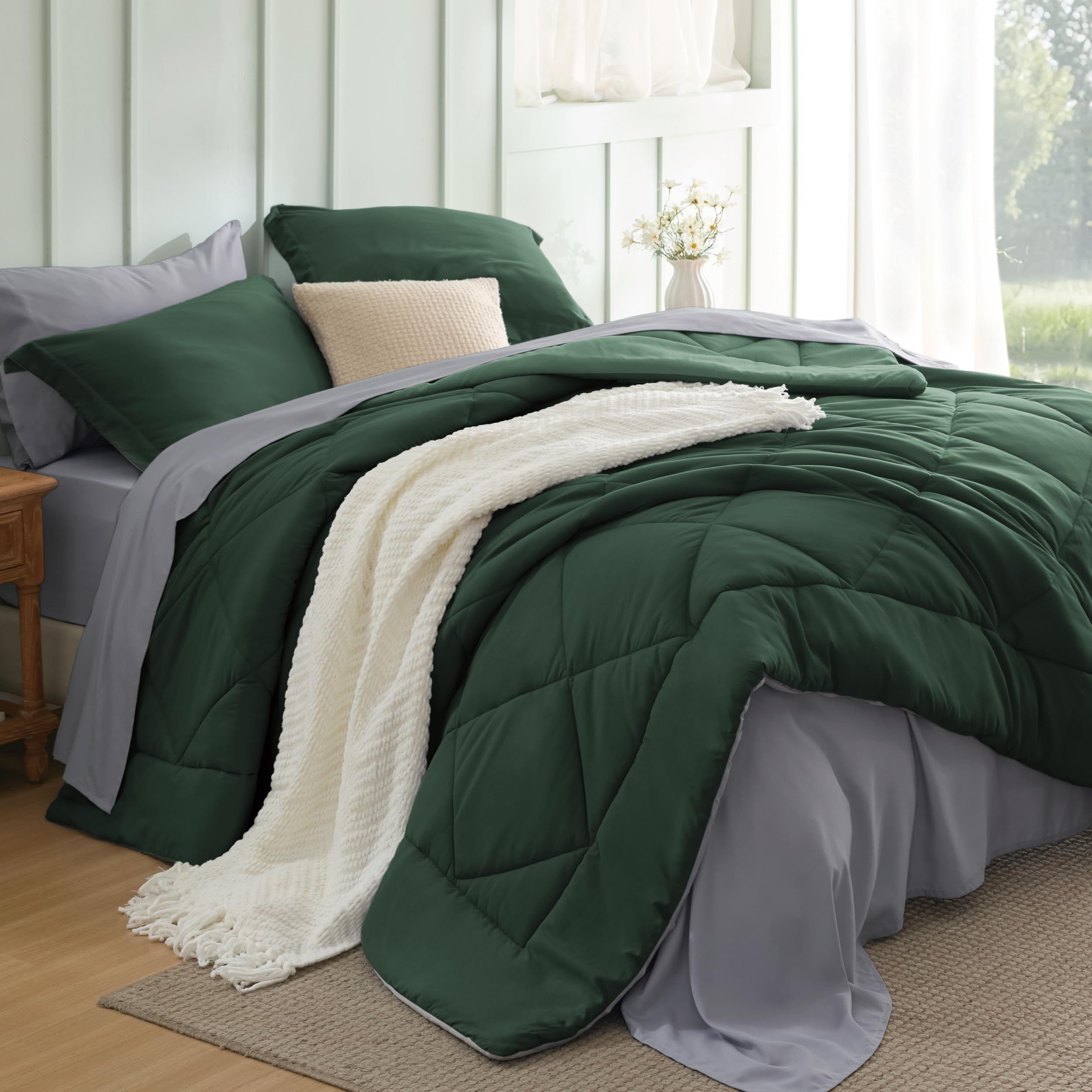 Photo 1 of Bedsure Queen Comforter Set - 7 Pieces Reversible Forest Green Bedding, Queen Size Bed Set for All Seasons, Bed in a Bag with Down Alternative Comforter, Sheets, Pillowcases & Shams