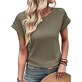 Dokotoo Womens Summer Tops 2026 Waffle Knit Lace Hollow Out Short Sleeve T-Shirts Crewneck Casual Loose Basic Tee Blouses
