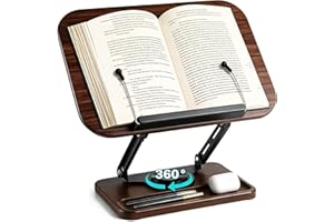 Book Stand for Reading, 360° Rotating Hands Free Book Holder, Adjustable Foldable Book Stand with Page Clip for Cookbook, Rec