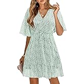 KIRUNDO Womens Summer Dresses 2026 Casual Spring Short Sleeve V Neck Ruffle Floral Print High Waist Belted Flowy Mini Dress