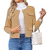 HUEOBIR Women's Tweed Blazers Jackets Casual Long Sleeve Button Down Business Short Casual Cropped Coats