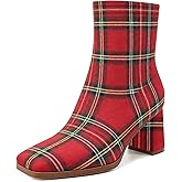 Eldof Ankle Boots Women Chunky Heel Square Toe High Heeled Gogo Short Booties Side Zipper 3 Inches