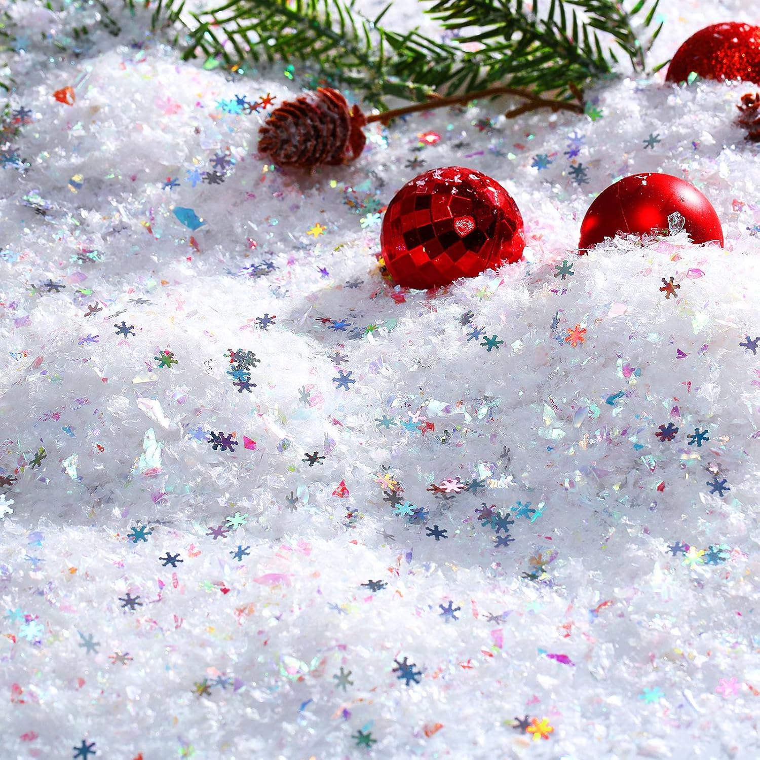 Artificial Snow - Geosar 14 oz Christmas Artificial Snow and 1.4 oz Snowflakes Confetti Christmas Instant Snow Fake Snow Glitter Iridescent Snowflake Decorations for Christmas Wedding Holiday Party (White, AB Color)