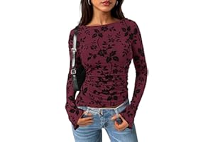 PRETTYGARDEN Women Long Sleeve Floral Mesh Tops Blouse 2025 Fall Trendy Boat Neck Ruched Fitted Shirt Going Out Date Outfits