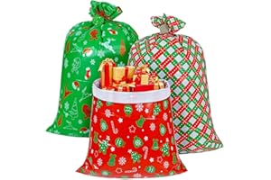 CubesLand Large Christmas Gift Bags,3 Jumbo Christmas Plastic Gift Bags,Huge Gifts Bags for Presents,Christmas Bags for Gifts Giant,Christmas Holiday Gift Wrap with Tag & Tie,Extra Large/Big/Medium