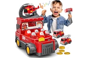 Doloowee 2 in 1 Whack Game Mole Toy for Toddlers,Fire Truck Toy for Kids 3 4 5 6 7 8 with 2 Fire Engine Car 1 Helicopter Mini Electronic Arcade Game Pounding Toys for Boys Girls Birthday