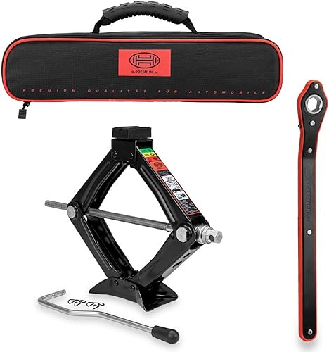 HEYNER® Cric a forbice da 2 t, con cricchetto e custodia, prolunga a manovella e cuscinetto in gomma in acciaio legato, consigliato per SUV e fuoristrada