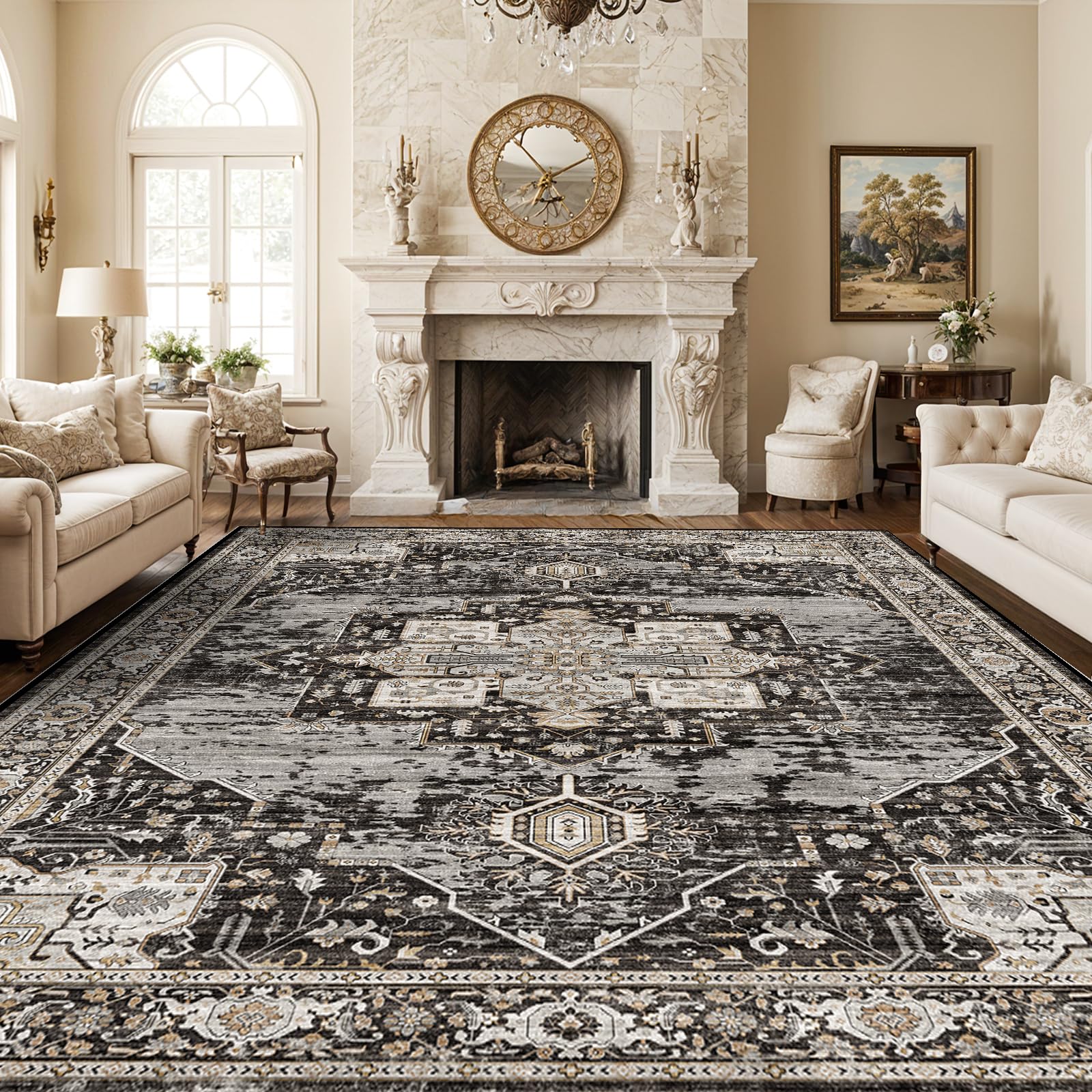 Photo 1 of ** USED / UNTESTED *** RUUGME Washable 10x14 Area Rug - Soft Area Rugs for Living Room Stain Resistant Carpet Vintage Lightweight Rugs for Bedroom with Non Slip Backing Indoor Ultra-Thin Rugs Home Decor 10x14 Black