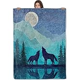AHUCIZ Wolf Blanket, Lightweight All Seasons Warm Throw, 50x60 Inch Nature Majestic Flannel Blankets, Mountain Forest Nightscape and Moon Print Home Decor Accent and Gifts for Sofa, Bedding